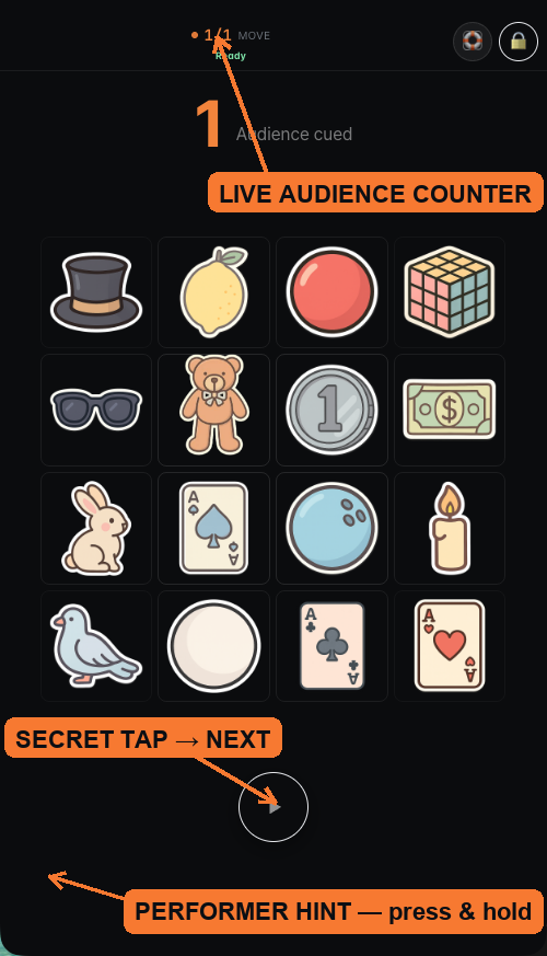 Your console — live counter, secret tap, private cue
